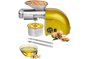 FoundGo 1800W Presse Huile Electrique Presse à Huile 0-300℃ Machine de Presse Huile a Froid Chaud Machine pour Les Noix, Cacahuètes, Graines Sésame, Amande, 6-9kg/heure (doré)