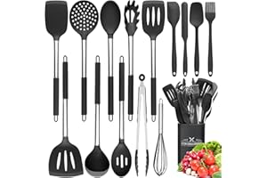 NAUDILIFE Zestaw przyborów kuchennych z silikonu, odporny na wysokie temperatury, z uchwytami ze stali nierdzewnej do gotowania i pieczenia, powłoka zapobiegająca przywieraniu, 15-częściowy (czarny)
