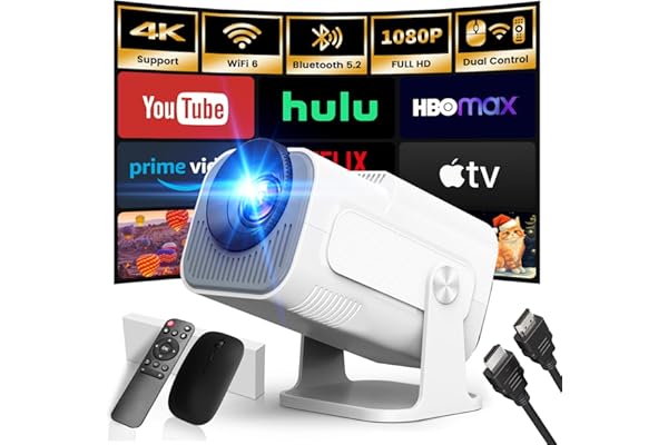 [App Integrada] 2025 Upgraded Proyector Portátil 1920x1080P 4K Supote Videoproyector Dual Control TV WiFi 6 BT5.2 180° Rotation Compatible con HDMI/TV Stick/USB/Laptop, Blanco