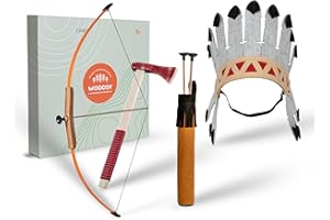 ‎WOODSY WOODSY ® Pfeil und Bogen Kinder | Set mit 3 Pfeile mit Saugnapf, Indianer Kopfschmuck und Axt | ab 6 Jahren 54 cm lang aus Buche | Pfeil und Bogen Kinder ab 6 | Bogenschießen Kinder | Pfeil und Bogen
