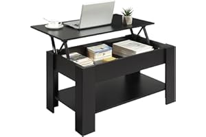 Home Treats Wooden Coffee Table Lifting Space Saving Storage Shelf | Lift Up Coffee Table Top For Living Room Office Entryway (Black)
