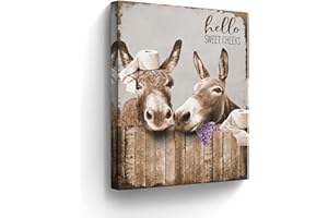 KATEFLOWER Badezimmer-Dekoration, Leinwand, Wandkunst, Esel-Bilder, Wanddekoration, lustiges Bauernhaus-Esel-Gemälde für Badezimmer, WC-Drucke, rustikale Tiere, Badezimmer-Kunstwerk, gerahmt, 30,5 x 40,6 cm