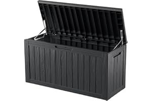 ROJIK Outdoor Storage Housing Deck Box - Waterproof Patio Furniture, Garden Tools, Cushions, Pool Accessories Storage Bench with Lockable Lid and Side Handles (Black 80 Gal)