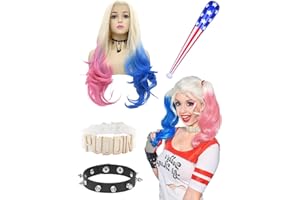BIQIQI Disfraz de Cosplay Quinn, Accesorio de Peluca Quinn con Gargantilla de Quinn's Puddin, Collar, Pulsera, Palo Inflable, Accesorio de Quinn para Disfraces Halloween Carnaval Cosplay Fiestas