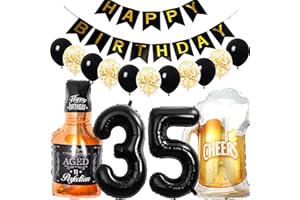 Conruich Geburtstagsdeko 35 Jahre Mann Frau, Luftballon 35. Geburtstag Deko Mann, Folienballon Zahl 35 Schwarz, Helium Ballon Whiskey Bierglas für 35. Geburtstag Manner Party Dekoration