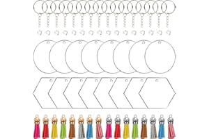 COKEESUN 64 Pcs Acrylic Clear Keyring Blanks Tassels Set Round and Hexagon Acrylic Clear Keychain Blanks with Colourful Tassels Pendant Keyrings for DIY Key Rings and Crafts
