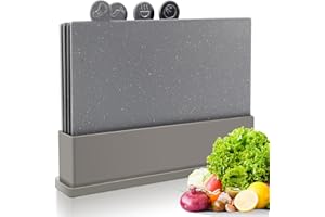 Myiosus Juego de Tablas de Cortar, Juego de 4 Tabla de Cortar Cocina con Soporte y Código de Color para Pescado Carne y Verduras, Apto para lavavajillas, Gris