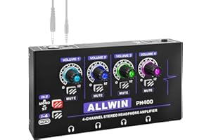 ALLWIN 4 Channel Headphone Amplifier, Metal Mono/Stereo Mini Audio Amplifier Headphone Amplifier 3.5 & 6.35 mm 1 in 4 out for Small Bands/Clubs/Bars/Stage Mixer
