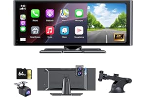 Wonsidary Écran Portable sans Fil 10.26" CarPlay Voiture pour Apple Car Play & Android Auto,avec Dash Cam Caméra Avant 4K et Arrière 1080P,Mirror Link,Enregistrw Ement en Boucle,Audio BT,FM,GPS,Siri