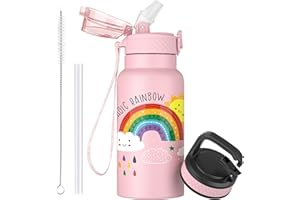 OLDLEY 500ml/17oz Bambini Bottiglia d'Acqua Isolata in Acciaio Inossidabile con Cannuccia Doppia Parete in Metallo Sottovuoto Riutilizzabile con 2 Coperchi Diversi Bevande Calde Fredde