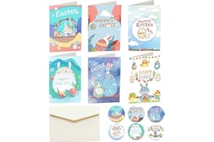 VALICAER Zestaw 6 kartek wielkanocnych z kopertami, zestaw naklejek, kartki wielkanocne, wielopak Happy Easter pusta kartka z życzeniami, zabawna kartka z życzeniami, króliczek, jajka, notelety, karty