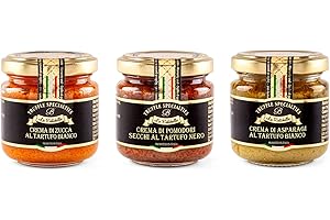 La Rustichella - Tris Crema Zucca e Tartufo Bianco 90g, Crema di Pomodori e Tartufo Nero 90g & Crema di Asparagi al Tartufo Bianco 90g ,Vegan , Gluten Free , Cholesterol Free - Prelibatezze Italiane