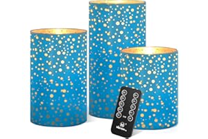 M Mirrowing LED Candles, Glass Blue Flameless Candles with Remote, Battery Candles Flickering with Timer, Set of 3 (D 3"×H 4" 5" 6") for Home Decoration
