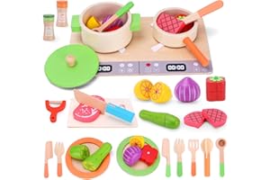 TGTT Cocinita de Madera Infantil Juguetes de Cocina para Niños, 27 Piezas Cocina Juguete Ollas y Sartenes, Juego de rol para Niños Mayores de 3 Años