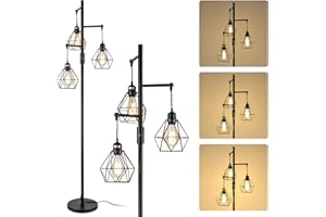 Rayofly Lámparas de pie industriales regulables, lámpara de pie vintage de 3 luces con pantallas de jaula de diamante, metal negro, E27, lámpara de pie alta para sala de estar, dormitorio