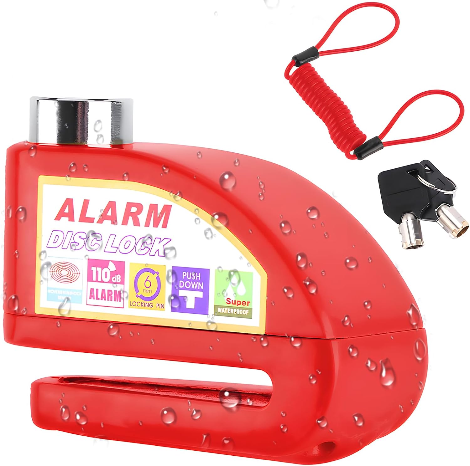 Motorcycle Alarm Disc Brake Lock - 110dB Anti-Theft Heavy Duty Disc Lock with 5ft Reminder Cable, Waterproof Motorbike Wheel Lock for Scooter, Moped, Vespa, E-Bike, Dirt Bike - Red