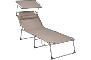 ‎SONGMICS SONGMICS Leżak, leżanka, duży, rozkładany fotel do opalania, 71 x 200 x 38 cm, nośność: 150 kg, z zagłówkiem, oparciem, daszkiem, składany, do ogrodu, taupe GCB022K01