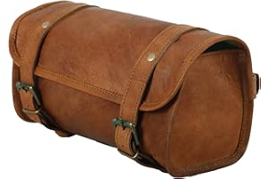 Urooj Handicraft Genuine Goat Leather Vintage Motorcycle 2 Strap Buckle Closure Tool Brown Bag Quick Release Clasp Reinforced for Handlebars,Forks, Sissy Bar - 10" Christmas New Year Gift Idea