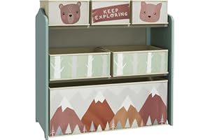 ZONEKIZ Kids Storage Unit, Childrens Toy Storage Organiser, with 6 Fabric Bins, for Bedroom, Nursery, 63 x 30 x 66cm, Green