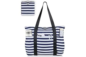 HOMESPON Large Foldable Beach Tote Bag for Women with zip and Pockets Waterproof Handbag for Travel Pool Shopping Holiday Gym(Blue and White Stripes)