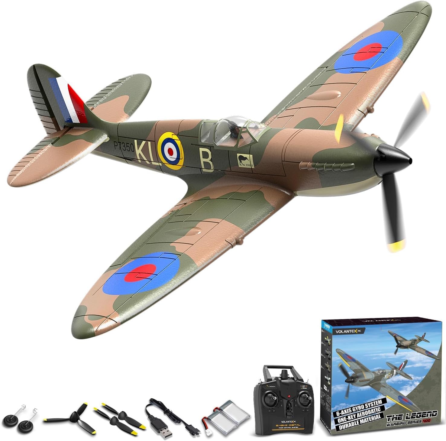 volantexrc Avión RC de 4 Canales Spitfire RC Fighter Toy, 2,4 GHz, estabilizador giroscópico de 6 Ejes, Planeador RTF con 2 baterías, Adecuado para Adultos, niños, Principiantes para Volar
