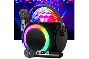 RUBEHOOW Macchina Karaoke, con 2 microfoni wireless, effetto luci RGB da discoteca, altoparlante per feste adatto a riunioni familiari, celebrazioni di compleanno e pic-nic all’aperto.