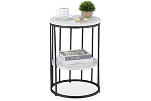 ‎RELAXDAYS Relaxdays Stolik pomocniczy o wyglądzie marmuru, 2 półki, do salonu, metal i płyta MDF, stolik do sofy, okrągły, wys. x śr. 57 x 40 cm, biały/czarny