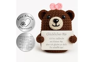 Tixlux Pocket Hug Glücklicher Bär, Kreative Strickwolle Bär Puppe und Kleine Umarmung Glücksbringer (Grau/Rosa), MutmacherGeschenk, Gute Besserung Geschenk, Einschulung Geschenk