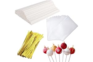 LIERFIS 300 Pièces Set de Bâtonnets à Cake Pop,100 Pièces 15cm Baton Sucette Pop Cake, 100 Pièces Sacs à Colis, 100 Pièces Liens Torsadés
