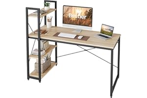 ‎BESTIER Bestier Computertisch 140cm Reversibel Schreibtisch mit Regal Bürotisch mit Ablagefächern Kopfhörer Haken Stärker X Form Halterung Tiefbraun für Heimbüro Kleiner Tisch Oak