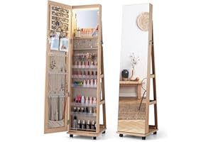 COSTWAY 360° Swivel Jewellery Cabinet, 3-Color LED Lights Lockable Jewelry Armoire with Full Length Mirror, Large Storage and Wheels, Mobile Freestanding Jewellery Organiser Unit Gift (Natural)