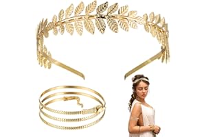 HERDEAR 2 Pcs Halloween Greek Costume Accessory for Women Gold Arm Cuff Gold Leaf Headband Roman Costume Dress Accessory Set Snake Bracelet Spiral Upper Vintage Hair Band for Show Party Supplies
