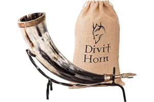 DIVIT HORN Corne à boire Viking avec support en fer véritable Divit | Ornements en laiton et sac-cadeau en toile de jute inclus | Corne de 13 ’’ et capacité de 16 oz (400 ml) | L'original. (Dragon, Polished)