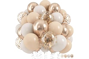 HILAVO Beige and Champagne Gold Balloon Set, 60Pcs 12 Inch Nude Cream Retro White Sand Balloons with Metallic Champagne Gold Confetti Latex Balloons for Birthday Wedding Baby Bridal Shower Party Decorations