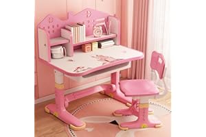 REHEYRE Children Study Desk and Chair Set, Pink Desk Set with Adjustable Height, Drawers and Storage, Cartoon Pattern Childs Learning Tables and Chairs for Kids, Girls (Rose)