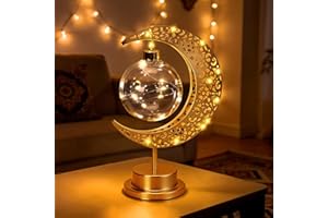 BomKra Ramadan Moon Table Lamp Crescent Lamp Ramadan Decorations Half Moon Light Battery Operated Metal Ramadan Star Lamp Lunar Lamps Eid Decorations Bedside Moons Lamps for Home Bedroom