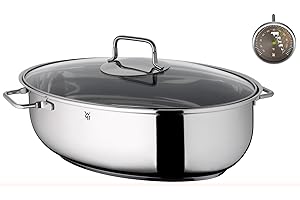 WMF Rostiera con coperchio, adatta al forno, 8,5 l, a induzione, in acciaio inox Cromargan, coperchio in vetro, termometro per arrosti, 38 x 26 x 12 cm