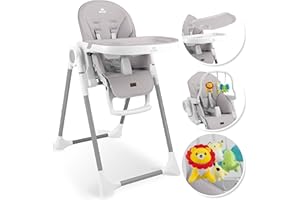 KIDIZ® Krzesełko dziecięce 3 w 1, z pałąkiem do zabawy, leżanka dla niemowląt, wysokie krzesło dla niemowląt, 7 regulowanych oparć, rośnie wraz z dzieckiem, od 0 miesięcy do 6 lat, wys. szare