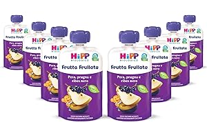 HiPP - Frutta Frullata Bio per Bambini, Purea 100% Frutta al Gusto Pera, Prugna e Ribes Nero, Senza Zuccheri Aggiunti, 8 Confezioni da 90 g