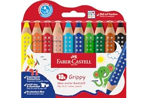 ‎FABER-CASTELL Faber-Castell 110624 Set Grippy, 10 Jumbo Buntstifte für Kleinkinder, leicht abwaschbare Malstifte für Kinder, ergonomische dreieckige Form, dicke Buntstifte, 10mm icke Mine