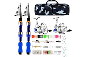 NEWBEP Teleskop-Angelruten-Spule, 2 Stück, 2 Stück, zusammenklappbar, Angelrute, Spinnrolle, Köder, Zubehör mit Angeltasche, tragbares Angelruten-Set für Salzwasser, Süßwasser, Reisen, Angler, Geschenk