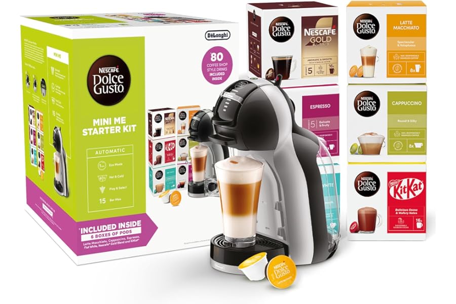 NESCAFÉ Dolce Gusto EDG155.BG Mini-Me Automatic Coffee Machine Black & Arctic Grey by De’Longhi - Starter Kit