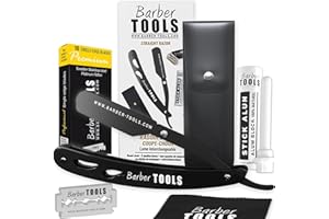 Rasoio da barba uomo/rasoio a mano libera per barba - con pietra d'allume, panno lucidante, custodia, 5 lame doppie - (rasoio da barbiere) - NERO - BARBER TOOLS