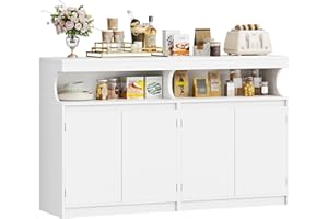 Hzuaneri Aparador, Armario de Cocina con 4 Puertas con Sección de Buffet Abierta, Armario de Almacenamiento, Estantes Ajustables, Estilo Moderno, Apto para Cocina, Salón, 40 x 140 x 85 cm, Blanco