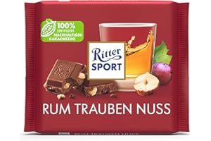 Nuevo diseño: RITTER SPORT Rum Uva Nuez 100 g, chocolate con leche entera con ron de Jamaica real, uvas afrutadas y trozos de nueces, chocolate con aroma a ron para disfrutar del Caribe