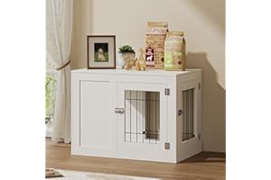 The Fellie Dog Crate Furniture, Medium Wooden Dog Cage, Indoor Pet Kennel for Small/Medium Dog, Wooden Pet Crates Heavy Duty, Pet Furniture House with Double Doors, End Side Table, 91x68x57cm, White