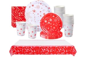 Amycute Ensemble de Vaisselle Noël Flocon de Neige Christmas, Assiette Carton Nappe Tasses Gobelets Serviettes en Papier, Fournitures Décoration Fête Noël Blanc Rouge Déco de Table, 20 Invités