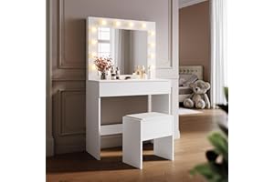 SONNI Toaletka z taboretem, lustrem, toaletka z szufladami do sypialni, biurko z płyty MDF i litego drewna, dziecinnie łatwy montaż, kolor biały, GTD006W