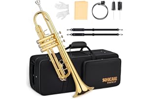 SONICAKE Bb Standard Trompetenset für Anfänger, Studenten Trompete aus Messing mit Hartschalenkoffer, 7C Mundstück & Handschuhe Golden QTP-01