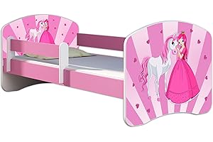 Kinderbett Jugendbett mit einer Schublade und Matratze Rausfallschutz Rosa 70 x 140 80 x 160 80 x 180 ACMA II (08 Princess, 80 x 160 cm)
